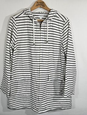 J. Jill Mariner White & Blue Striped Hooded Zip Jacket